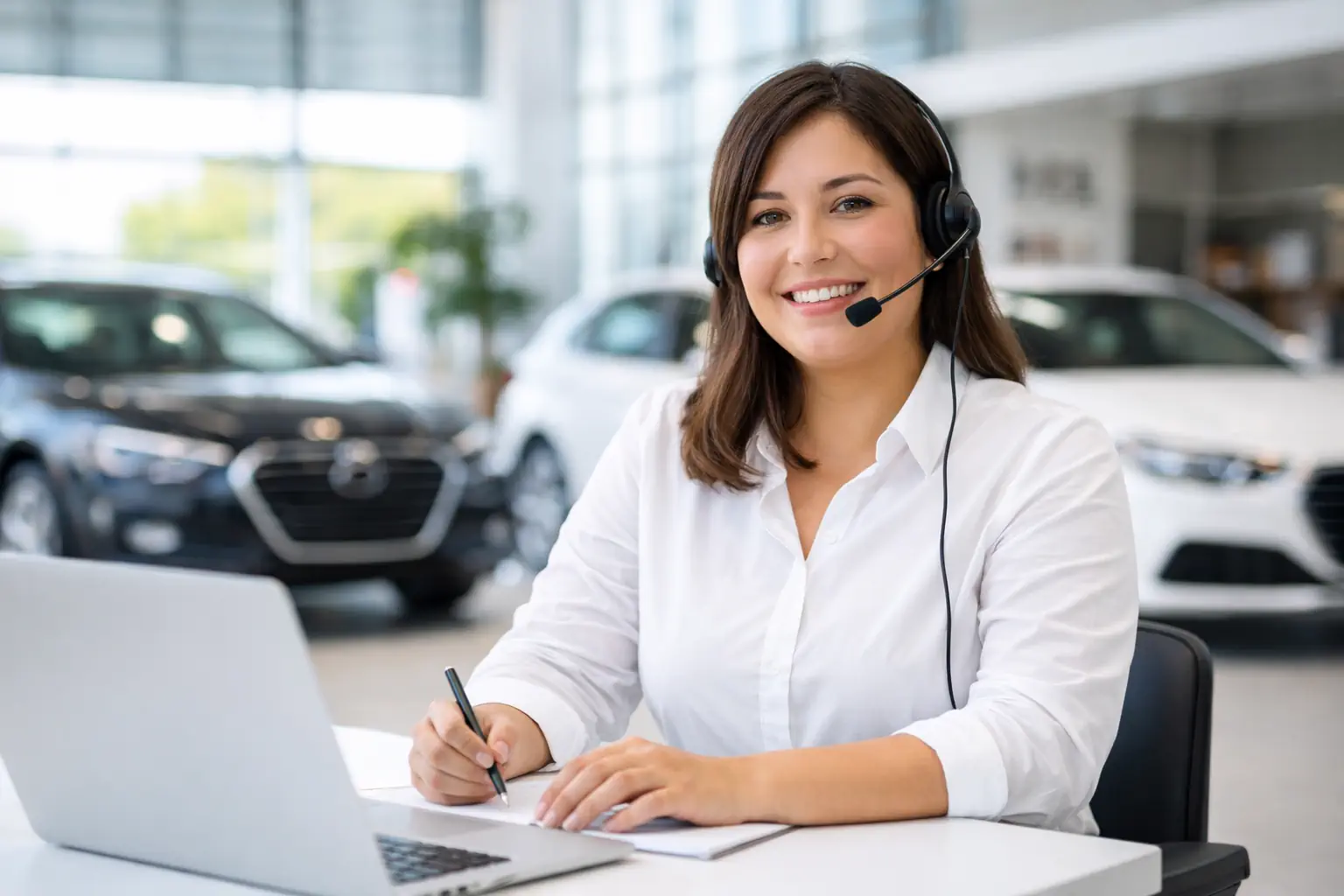 Conseiller en call center portant un casque téléphonique dans un showroom automobile avec véhicules en arrière-plan