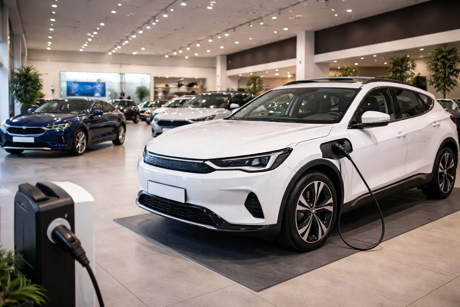 Concession automobile présentant une gamme de véhicules électriques dans un showroom lumineux.