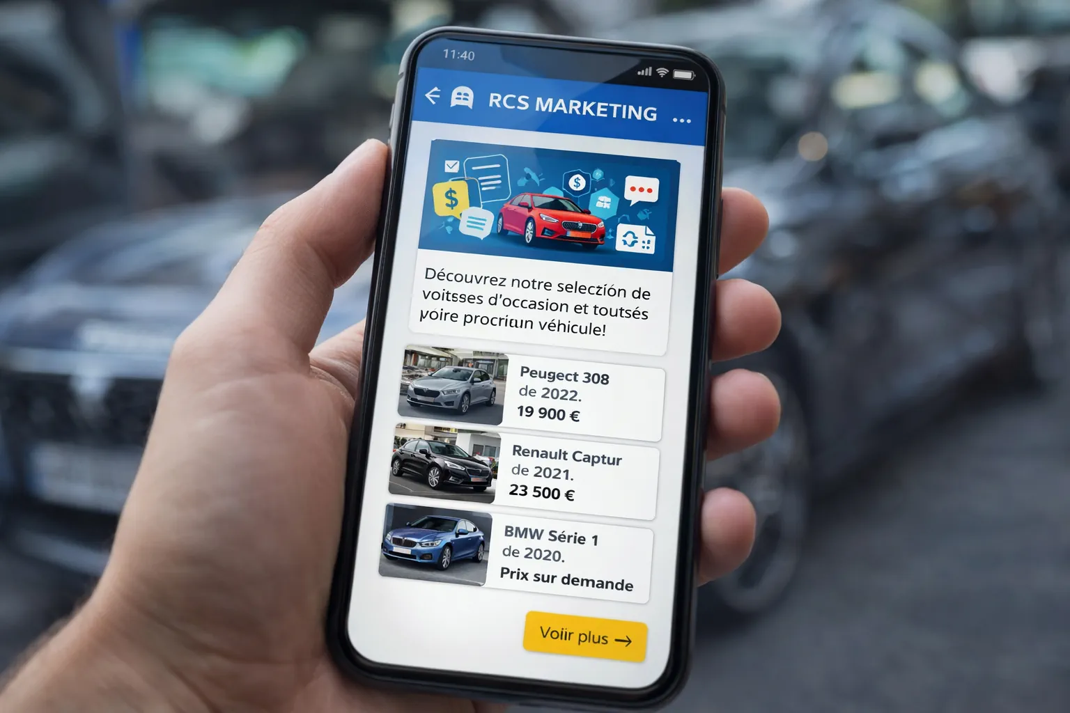 Smartphone affichant un message RCS marketing automobile avec mini-site mobile présentant des véhicules à vendre.