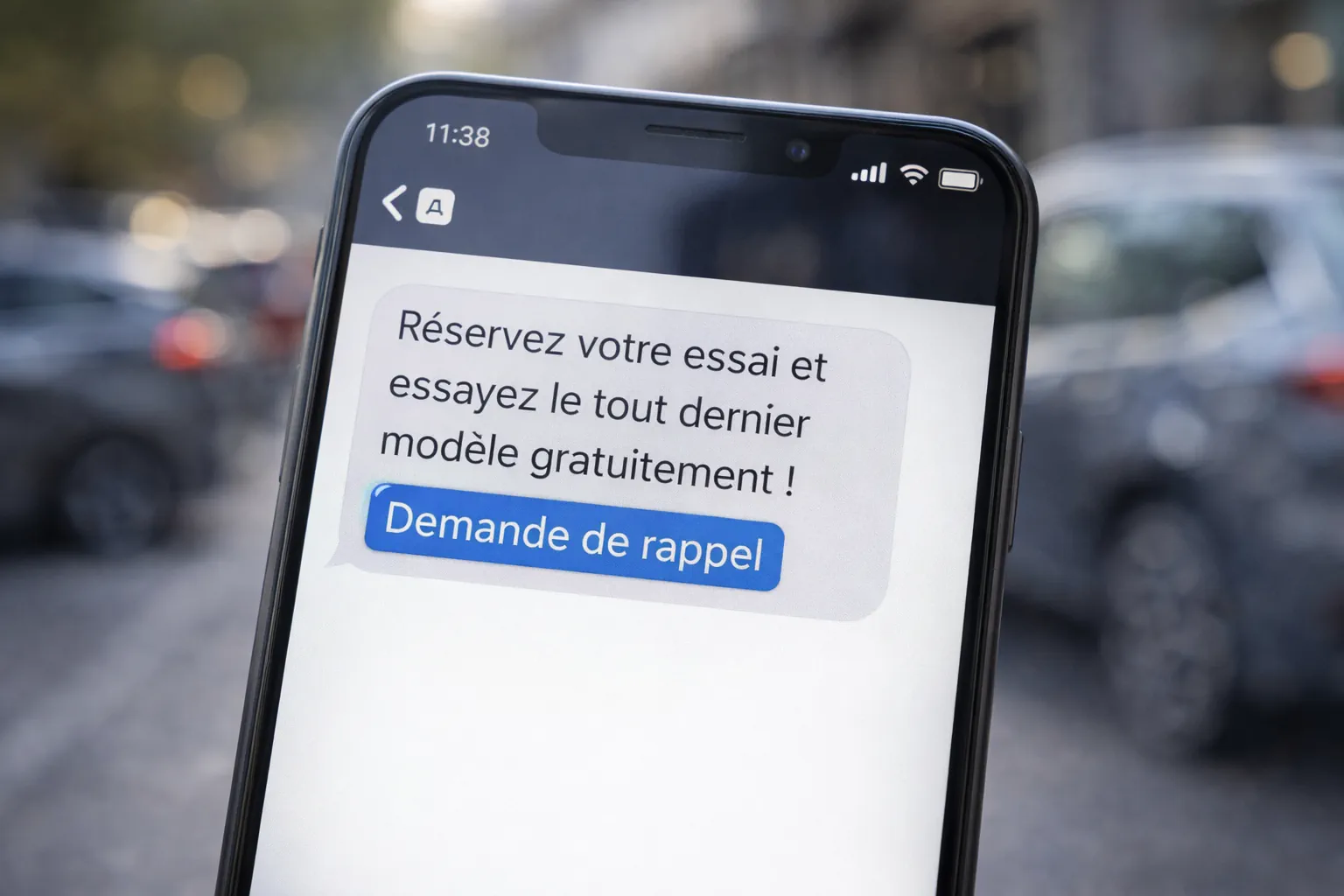 Smartphone affichant un SMS marketing automobile avec lien demande de rappel pour générer un lead immédiat.