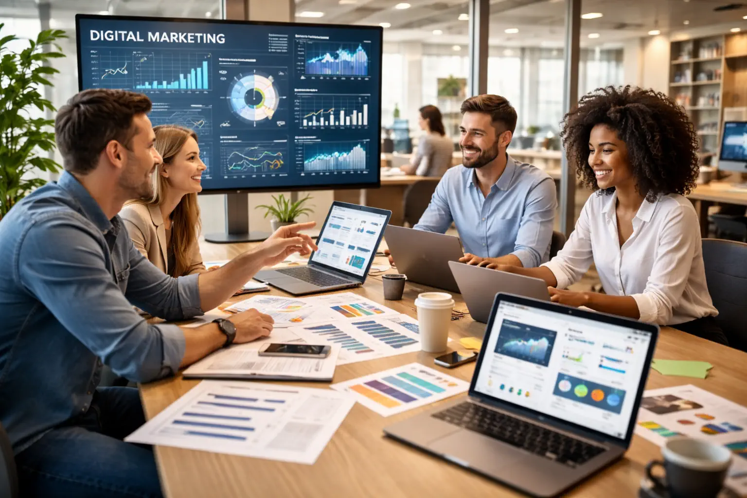 Agence marketing analysant des données et des campagnes digitales dans un environnement professionnel.