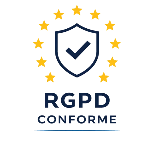 Logo RGPD conforme avec bouclier, coche de validation et étoiles européennes symbolisant la conformité au règlement européen sur la protection des données.