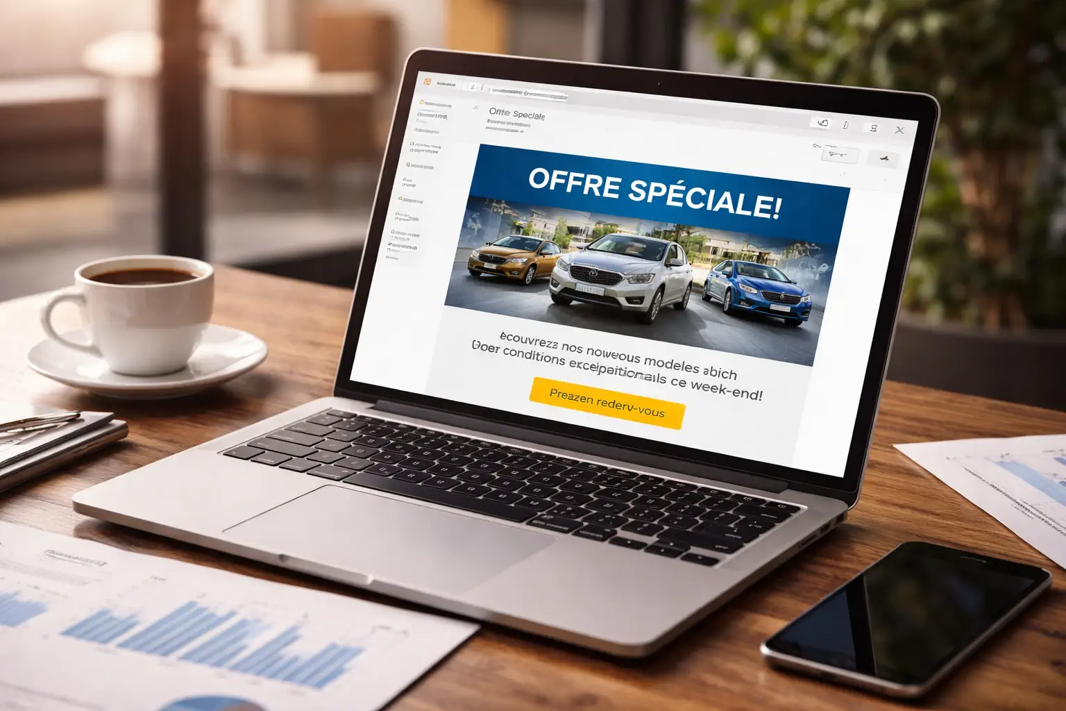 Campagne d’email marketing automobile affichée sur ordinateur portable avec tableau de bord analytics et visuel véhicule en arrière-plan