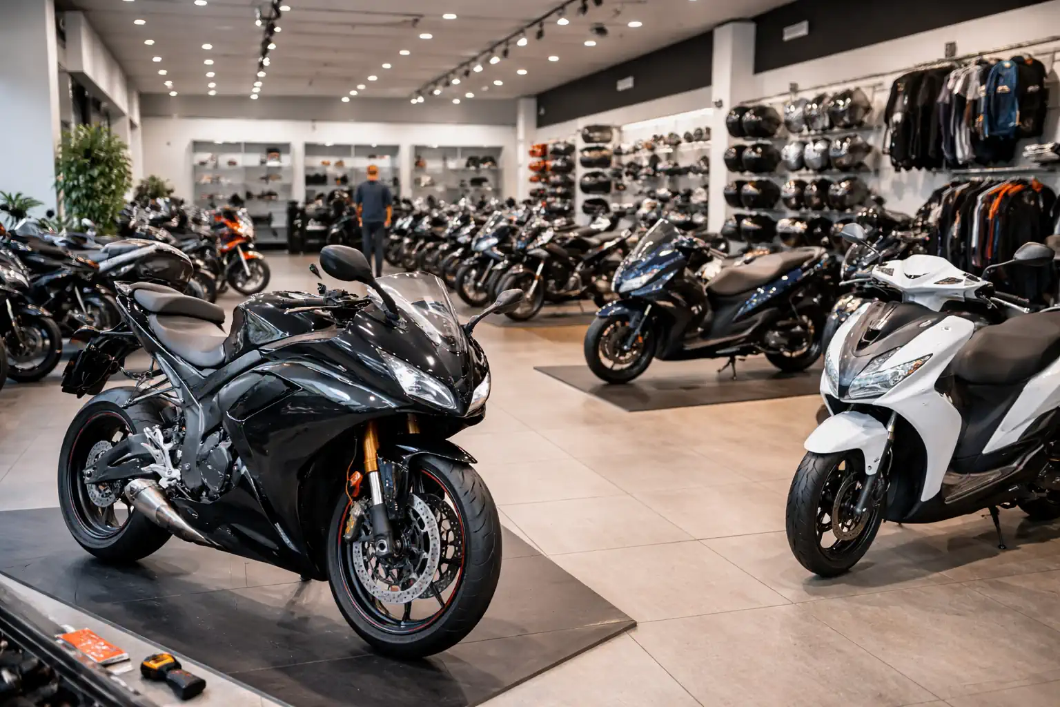 Magasin de motos et scooters illustrant des solutions marketing dédiées aux acteurs de la vente et de l’entretien des deux-roues.