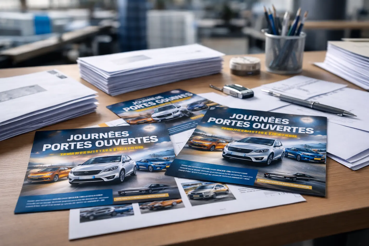 Flyers automobiles “Journées Portes Ouvertes” posés sur un bureau dans un environnement d’imprimerie, illustrant une campagne de mailing postal pour concessionnaire.