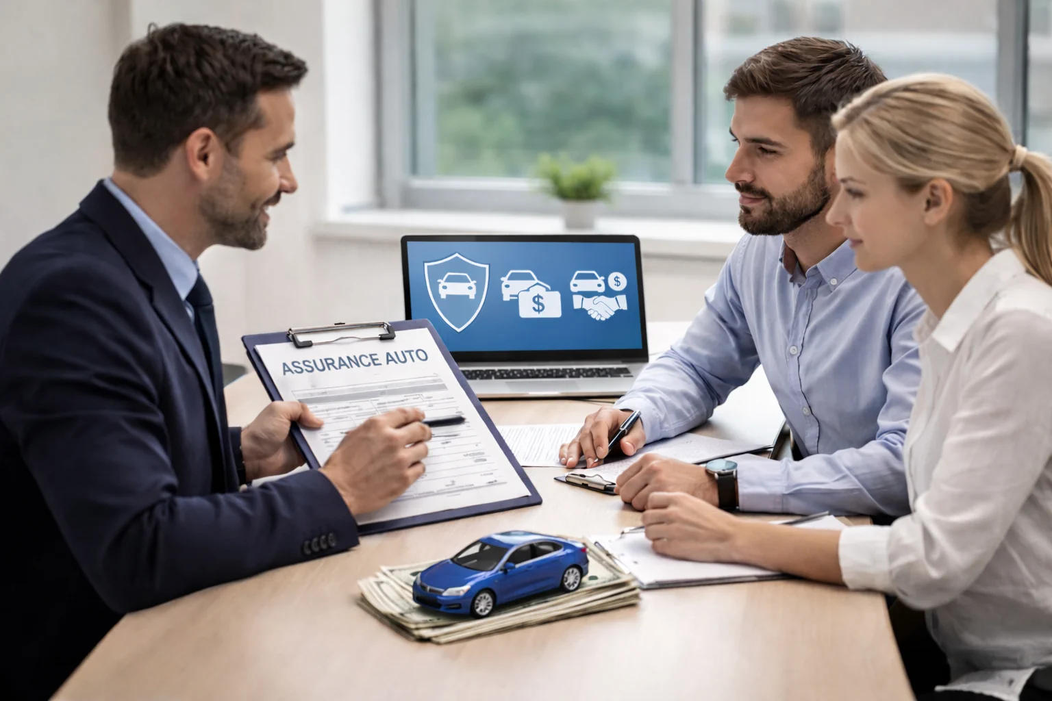 Réunion professionnelle illustrant les solutions marketing dédiées aux assureurs automobiles et aux acteurs du financement véhicule.