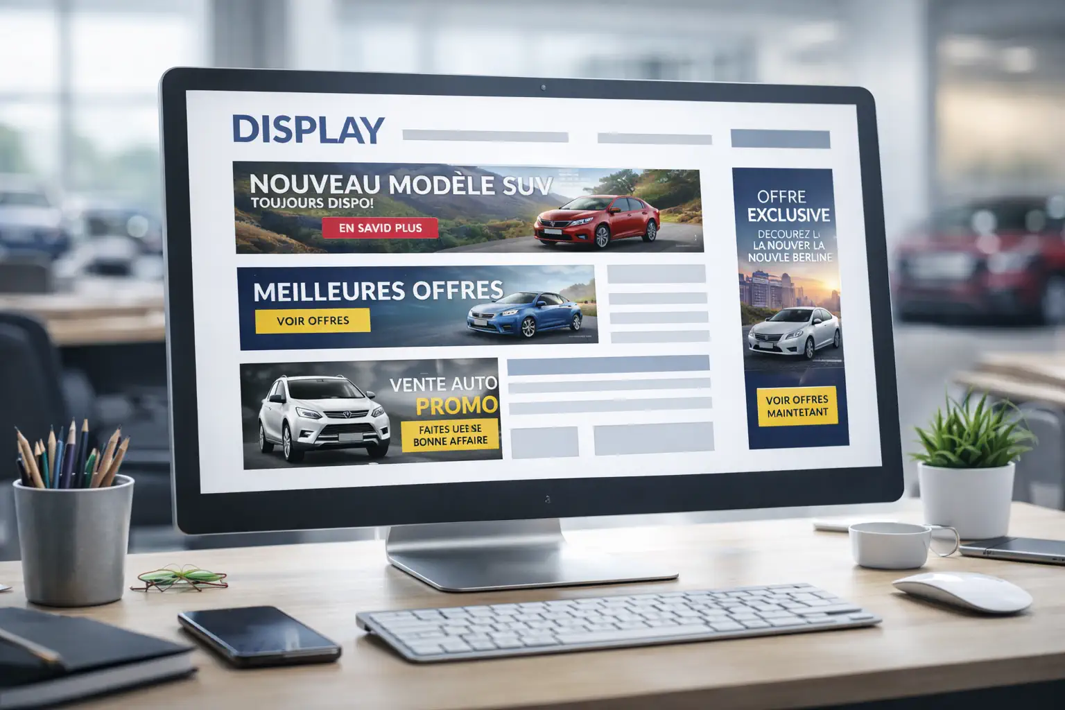 Écran d’ordinateur affichant des bannières publicitaires automobiles sur un site web en environnement concession.