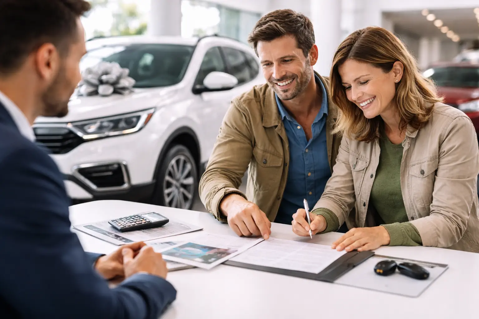 Couple signant un contrat de financement automobile en concession devant un SUV neuf, illustrant les solutions LOA et LLD et le renouvellement de véhicule.