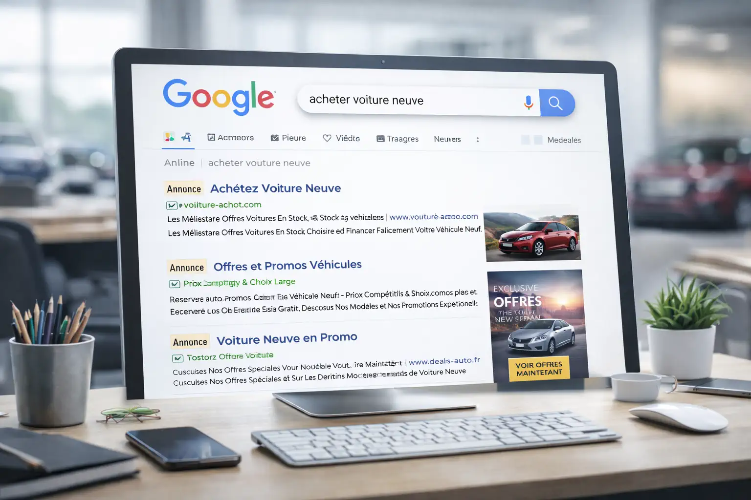 Écran affichant des annonces Google Ads pour l’achat de voiture neuve en environnement concession automobile.