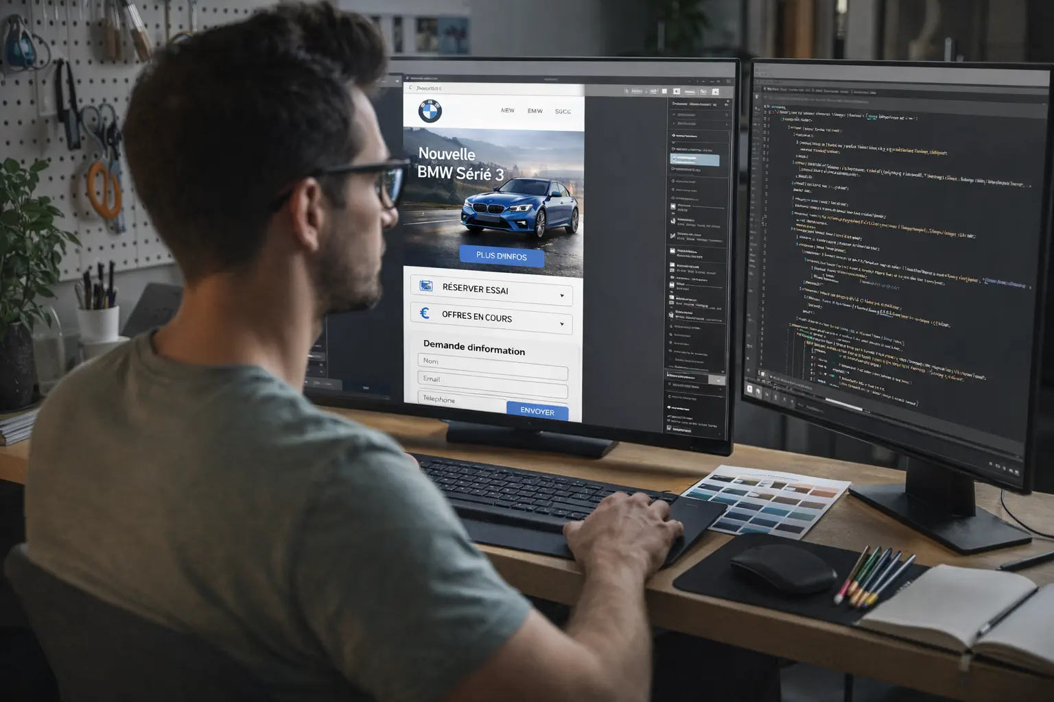 Web designer professionnel créant un template email HTML automobile sur double écran en environnement studio.