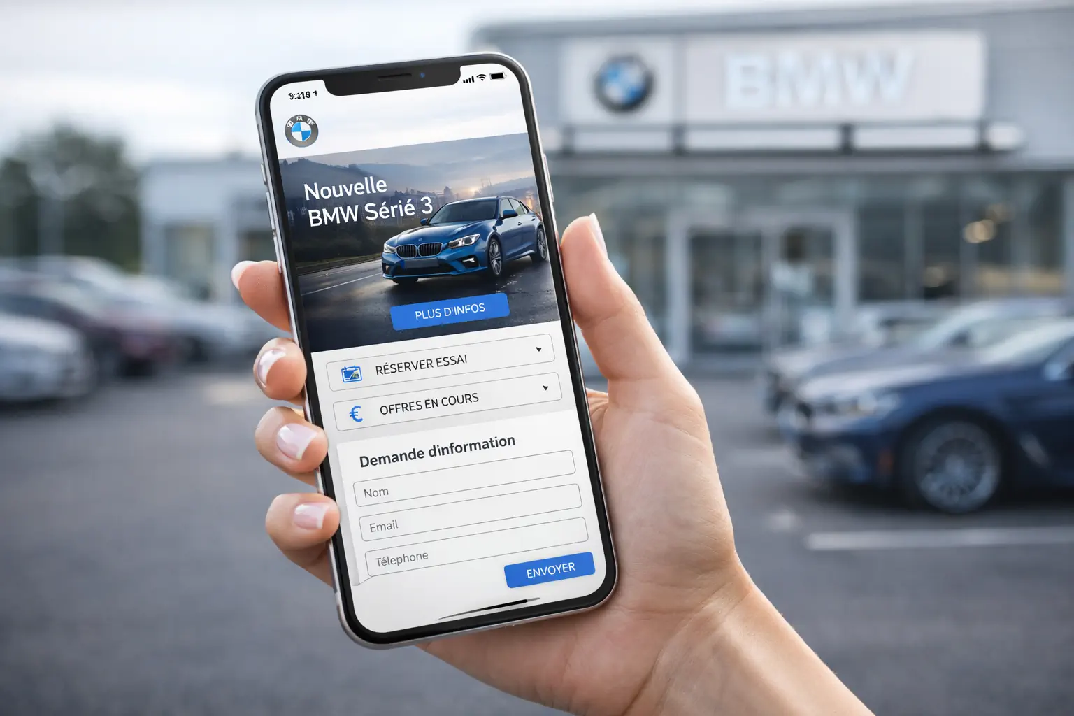 Smartphone affichant un mini-site automobile devant une concession automobile en arrière-plan flou.