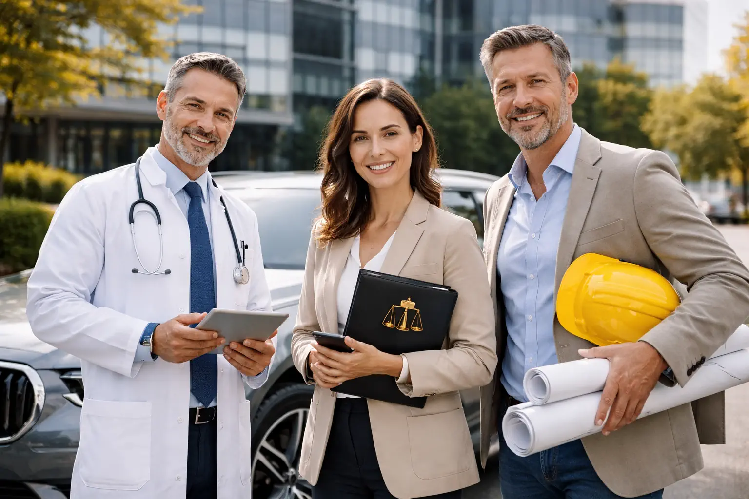 Professions libérales en contexte professionnel avec véhicule haut de gamme, représentant un segment B2B à fort pouvoir d'achat pour campagnes automobiles ciblées.