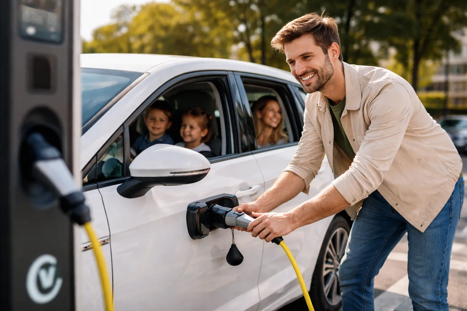 Famille rechargeant un véhicule électrique sur borne publique, représentant l’activation marketing et la segmentation des automobilistes engagés dans la mobilité électrique..