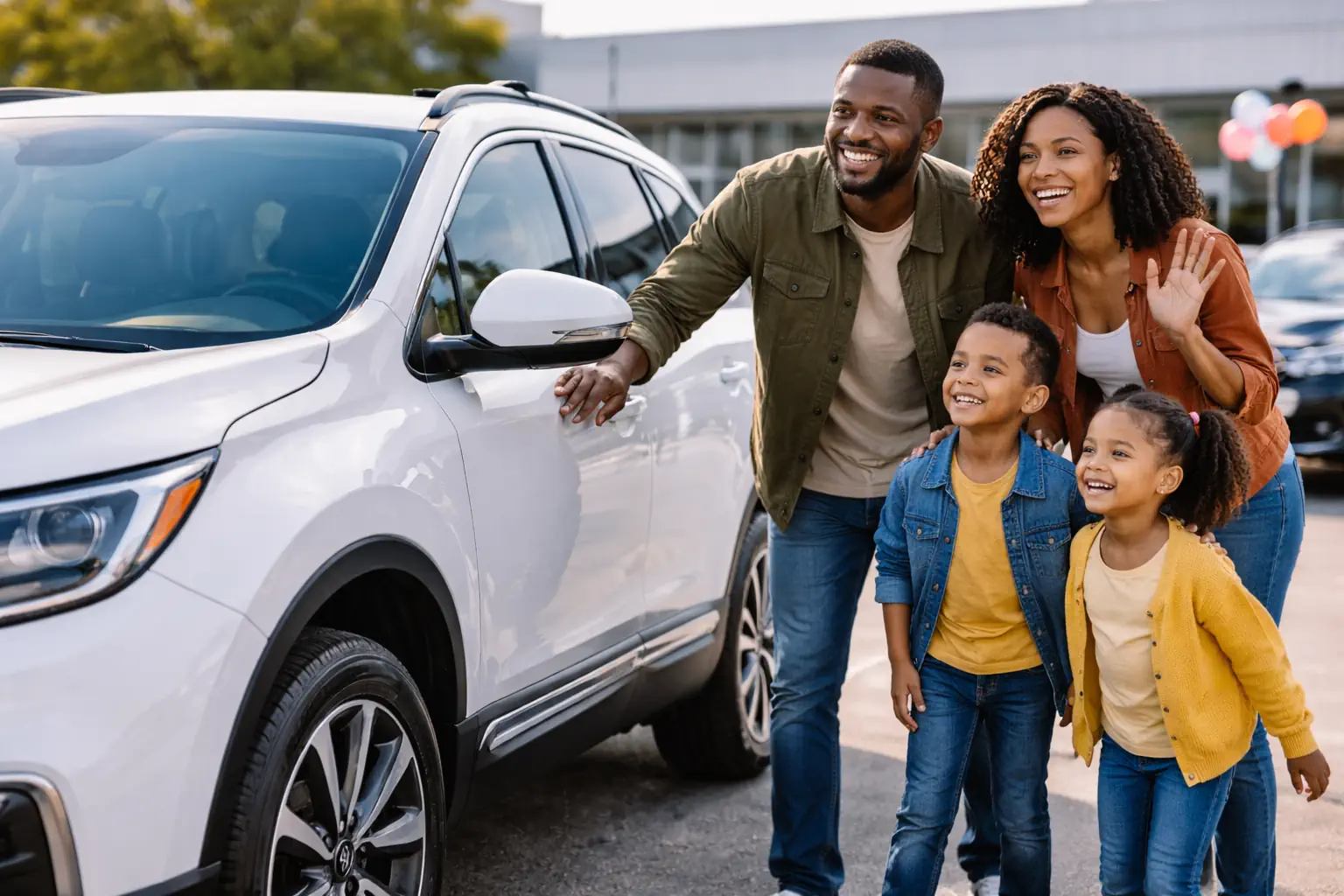 Famille devant un SUV en concession automobile, illustrant le ciblage marketing des propriétaires de SUV à fort potentiel d’achat et de renouvellement.