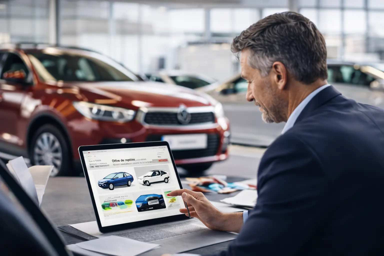 Client consultant des offres de véhicules sur tablette dans une concession automobile
