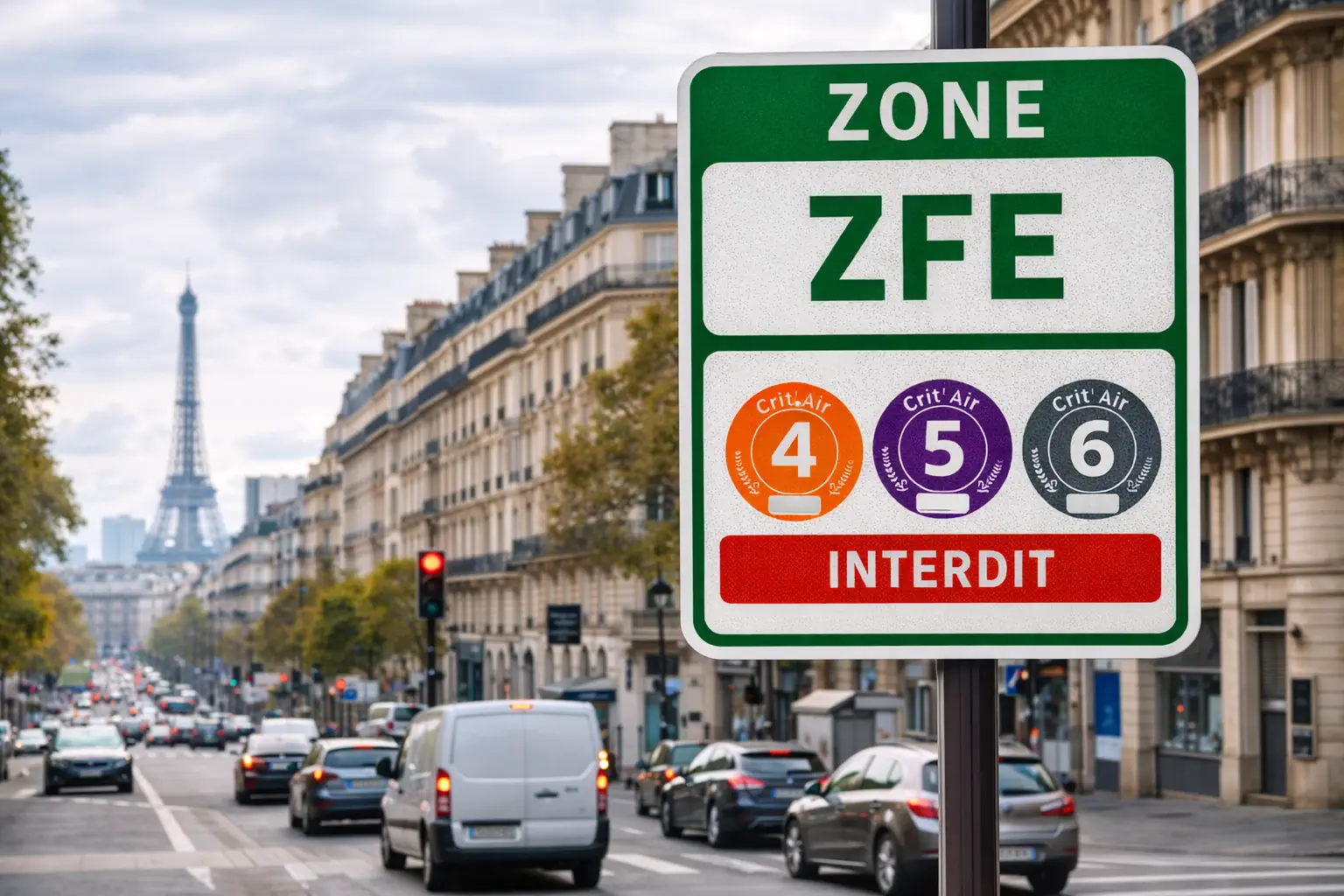 Signalisation ZFE à Paris avec interdiction Crit'Air 4, 5 et 6, représentant un segment stratégique pour cibler les propriétaires de véhicules diesel anciens concernés par les restrictions environnementales.