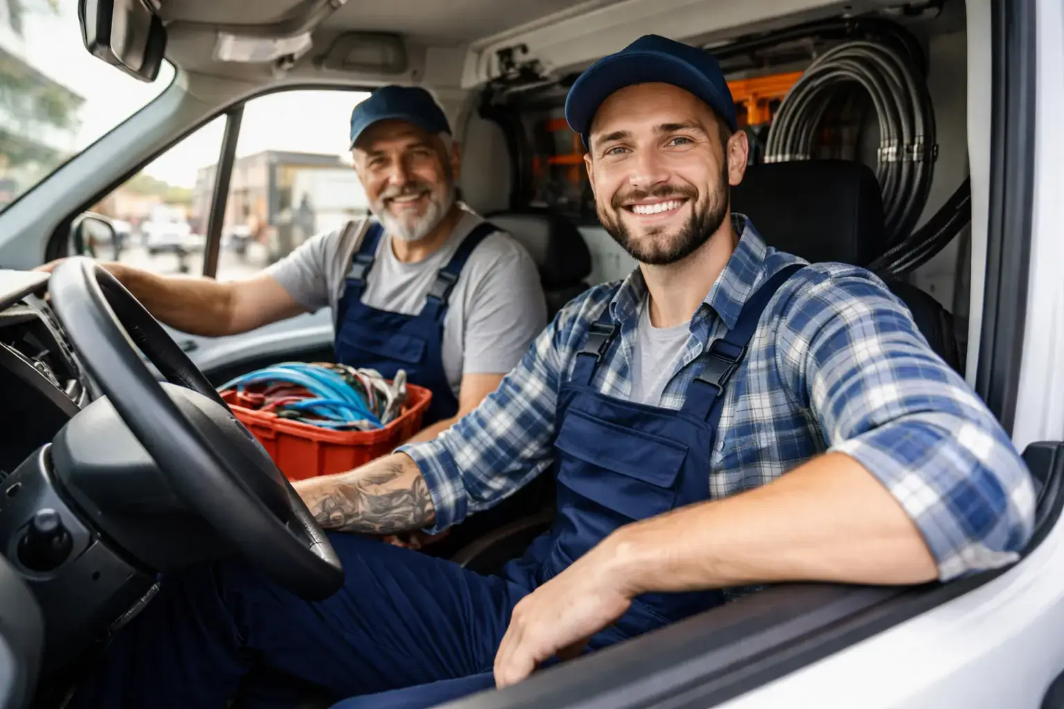 Artisans plombiers dans une camionnette illustrant un segment d'automobilistes professionnels du bâtiment