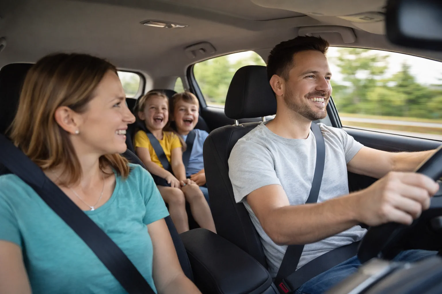 Famille circulant en voiture sur la route illustrant une audience d’automobilistes ciblée pour des campagnes de marketing automobile B2C.