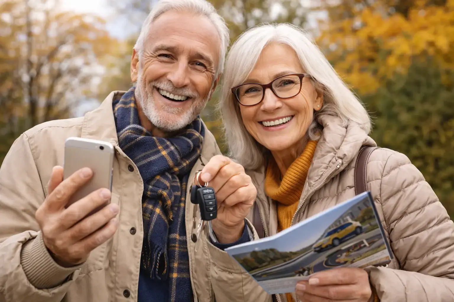 Couple de seniors tenant un smartphone et des clés de voiture illustrant un segment de prospects seniors actifs