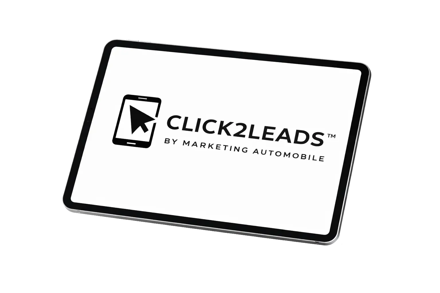 Logo Click2Leads affiché sur un iPad en mode paysage illustrant la génération de leads en un clic via SMS marketing automobile