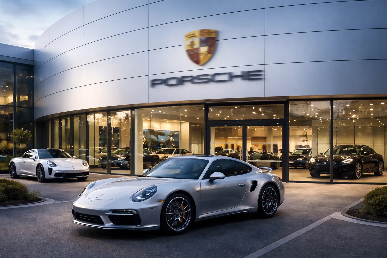 Devanture d'une concession automobile haut de gamme avec véhicules sportifs premium exposés