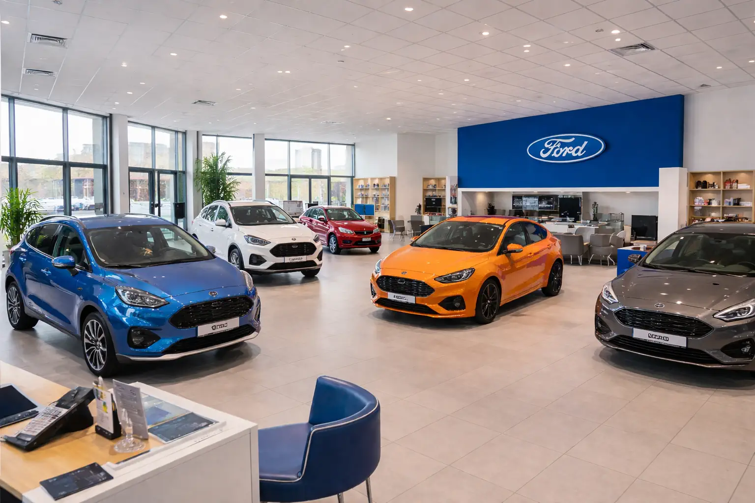 Showroom concession automobile Ford illustrant le secteur des garages et concessions pour campagnes marketing automobile