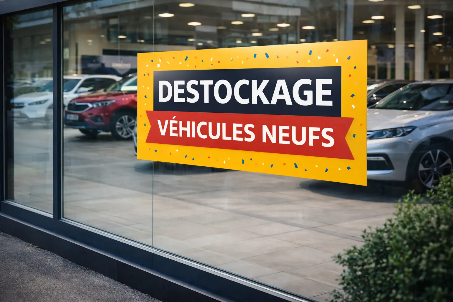 Affiche déstockage véhicules neufs sur la vitrine d’une concession automobile avec plusieurs voitures exposées à l’intérieur
