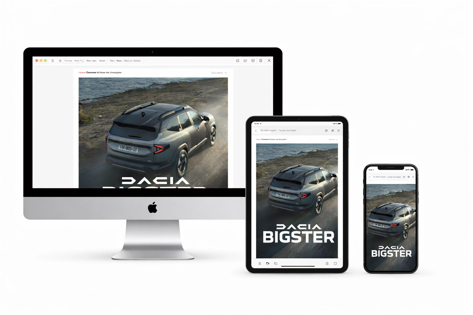 Exemple d’email marketing automobile affiché sur ordinateur, tablette et smartphone pour illustrer un design responsive