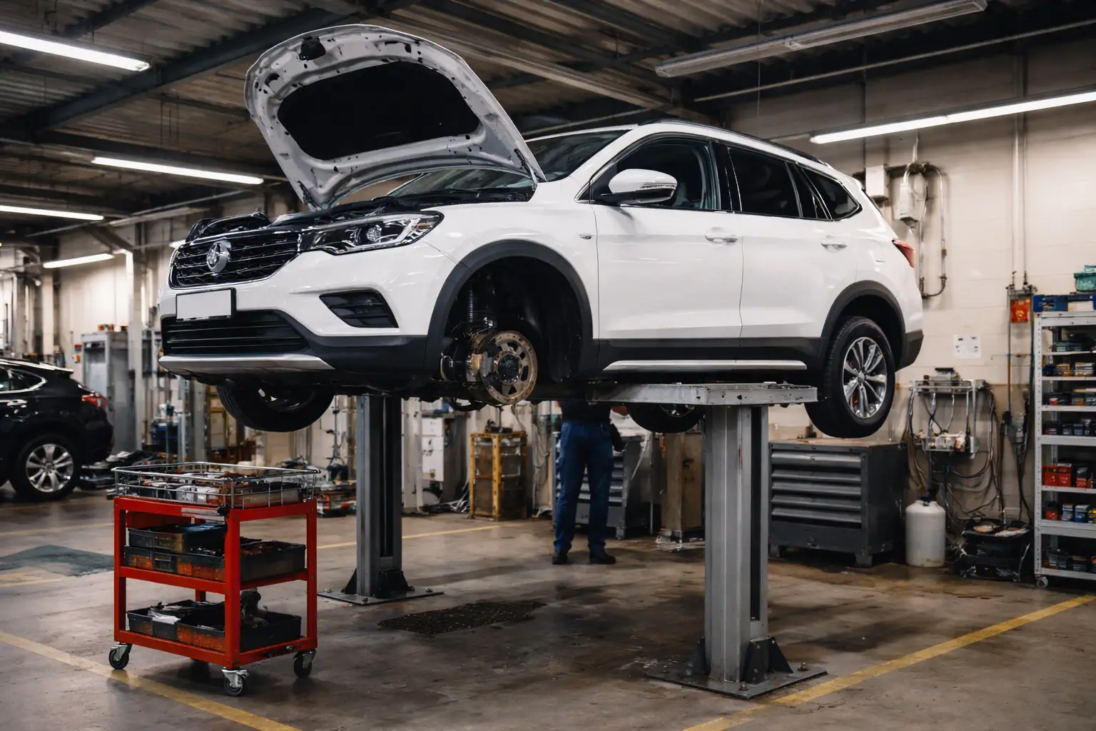 Véhicule en réparation dans un atelier automobile sur un pont élévateur lors d’un entretien mécanique réalisé par un garage