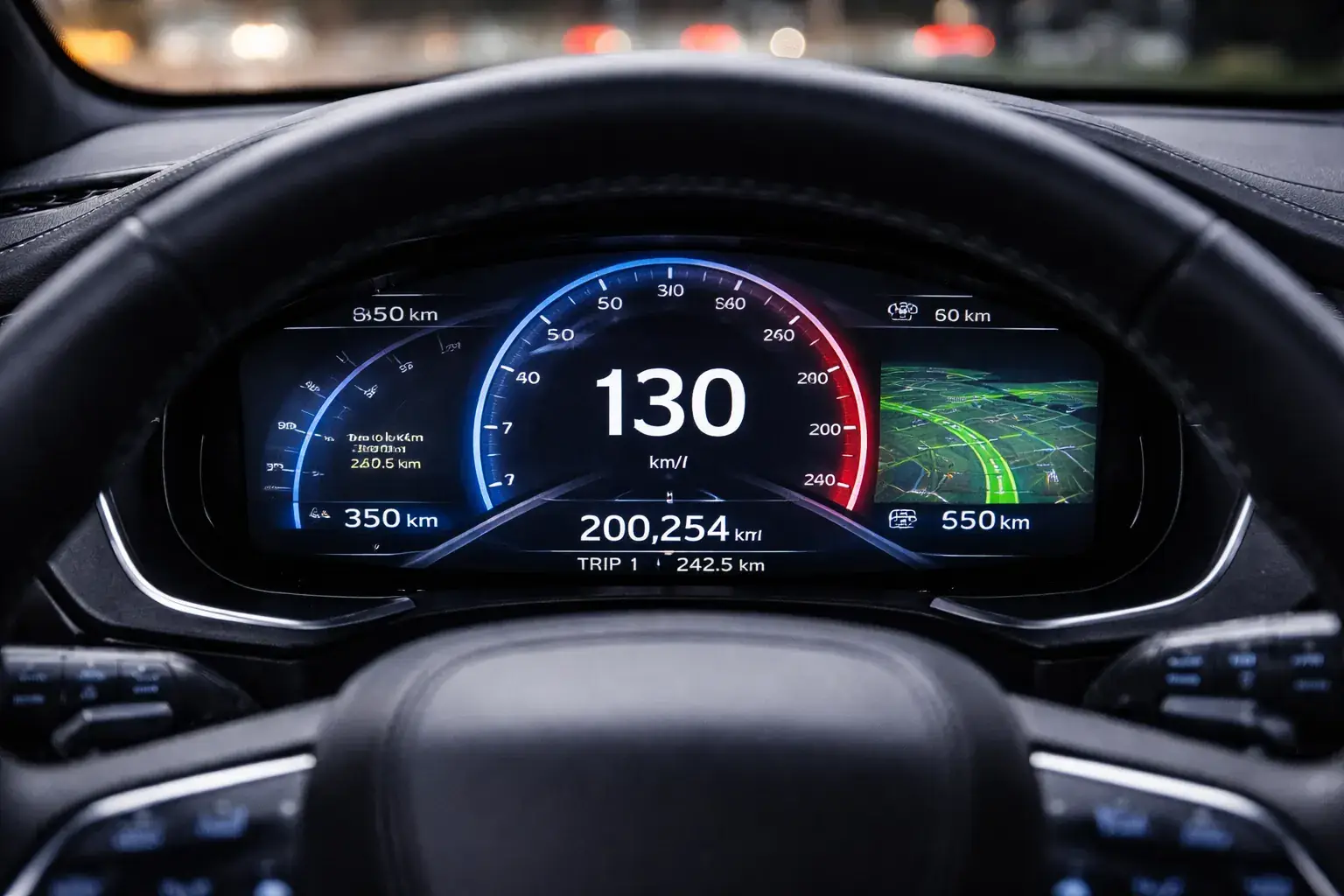 Tableau de bord digital affichant plus de 200000 km illustrant le segment des gros rouleurs automobiles