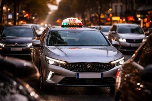 Taxi parisien dans la circulation illustrant un segment d'automobilistes professionnels gros rouleurs