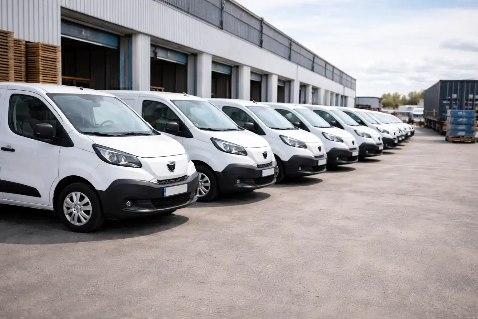 Flotte de fourgonnettes et utilitaires d'entreprise illustrant un segment transport et logistique