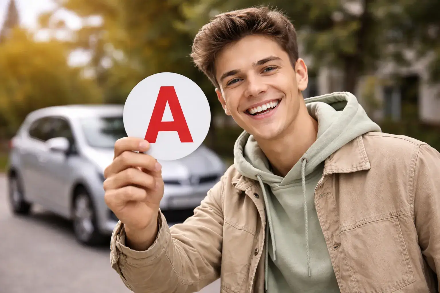 Jeune conducteur tenant un autocollant A illustrant une opération de location de fichiers marketing automobile jeunes permis
