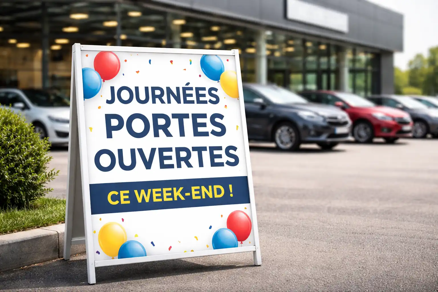 Panneau journées portes ouvertes devant une concession automobile avec plusieurs véhicules exposés en arrière-plan