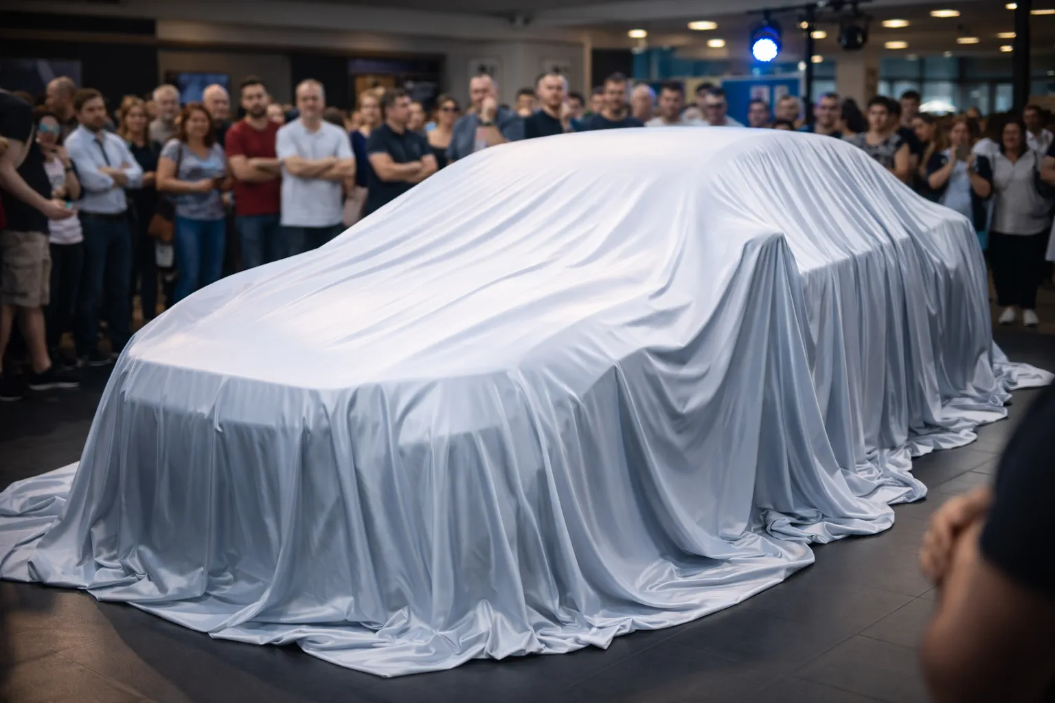 Véhicule neuf caché sous une bâche lors d’un événement de lancement dans une concession automobile devant des invités
