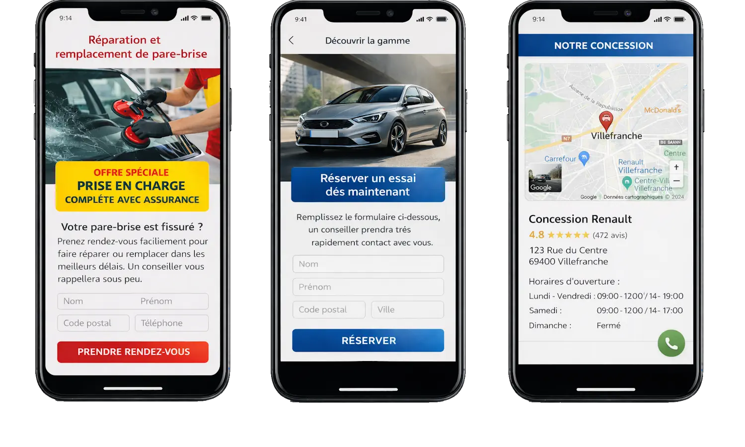 Landing page mobile automobile affichée sur smartphone avec formulaire pour réserver un essai de véhicule après une campagne SMS marketing.