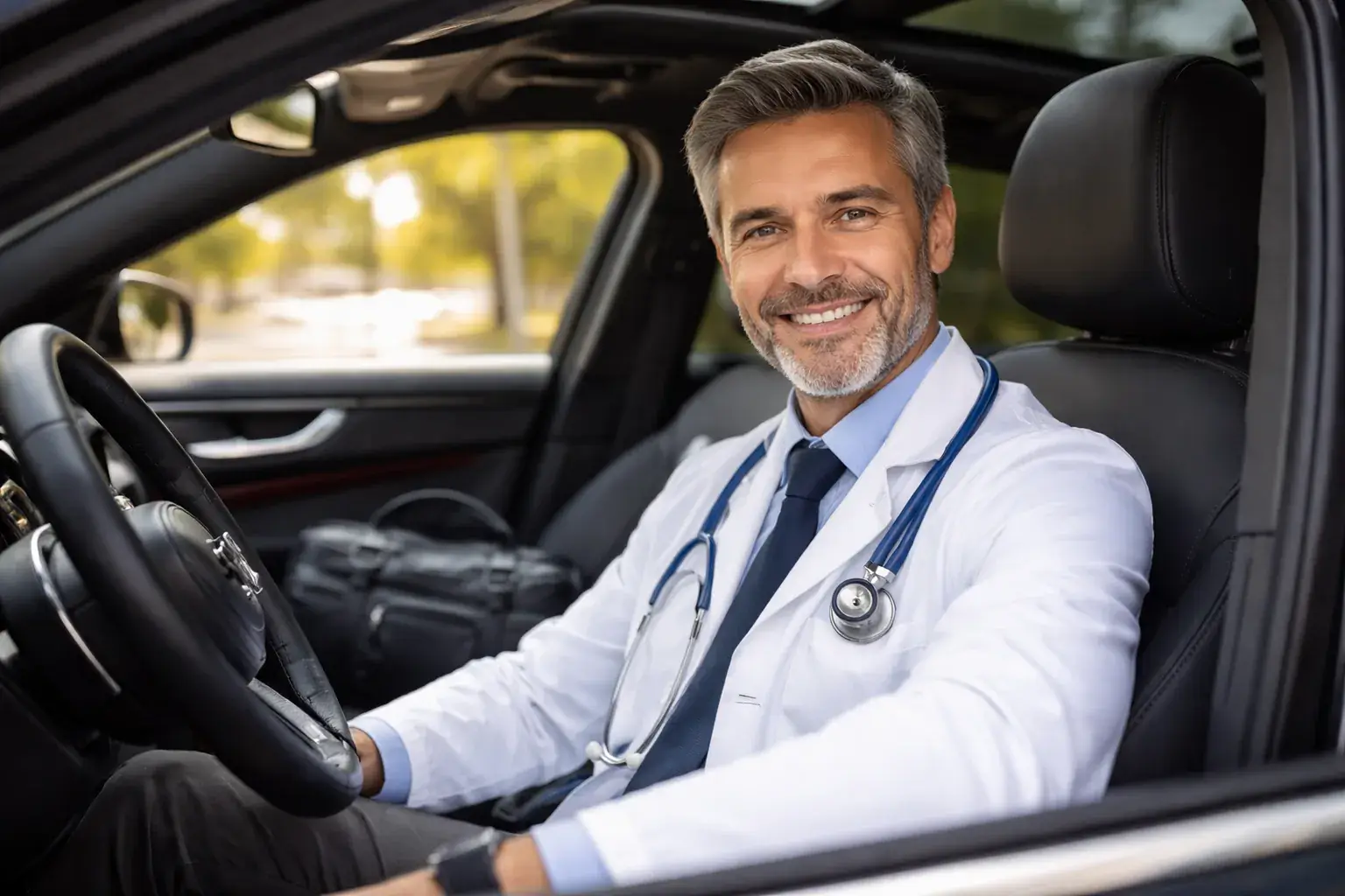 Médecin généraliste au volant d'une voiture premium illustrant un profil automobiliste CSP+ à fort pouvoir d'achat