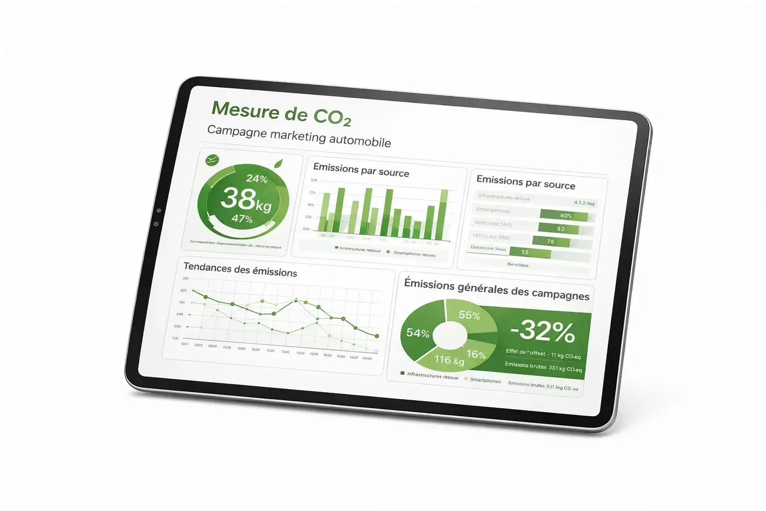Tableau de bord de mesure des émissions CO₂ pour une campagne de marketing automobile.