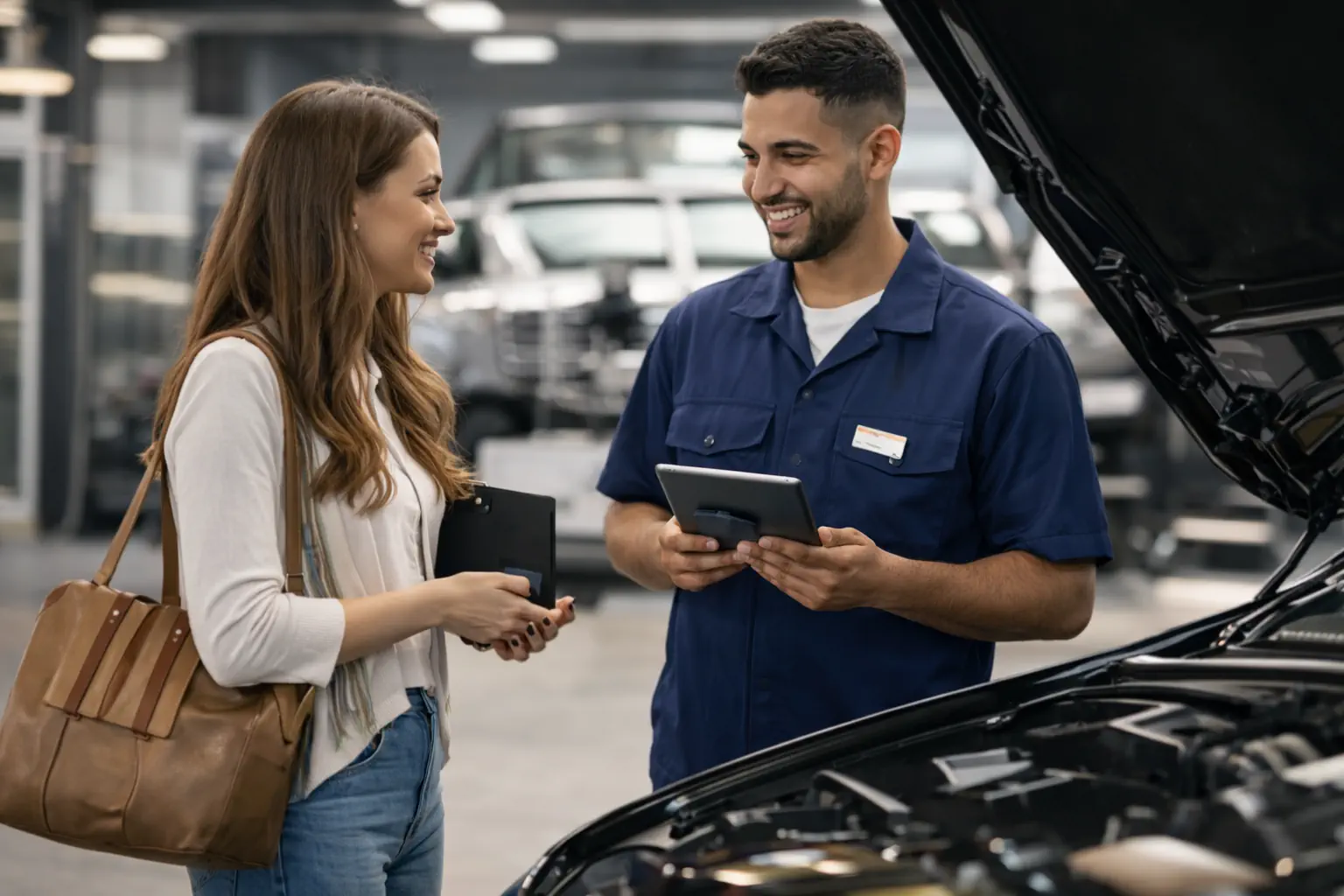 Cliente échangeant avec un technicien automobile devant un véhicule capot ouvert