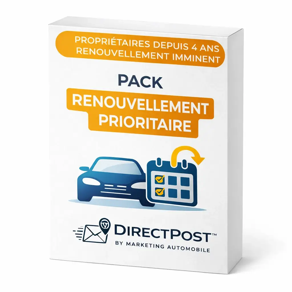 Pack marketing automobile ciblant les propriétaires de véhicules détenus depuis environ quatre ans afin d’anticiper le renouvellement automobile et générer des opportunités commerciales en concession.