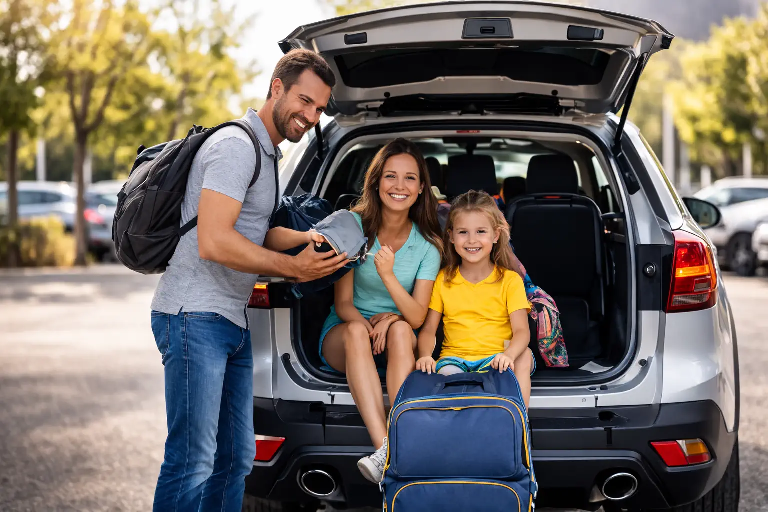 Famille préparant un voyage avec un SUV