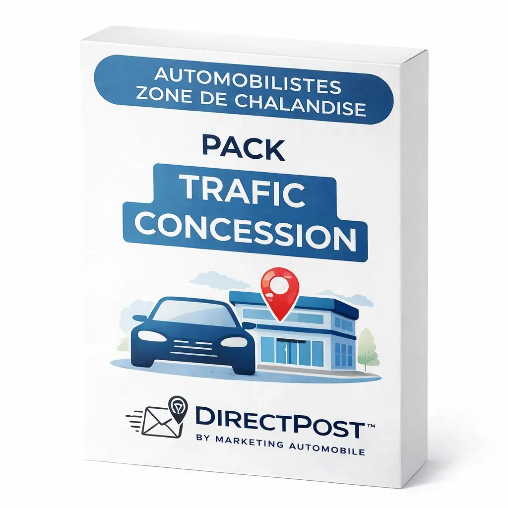 Pack marketing automobile permettant d’attirer du trafic en concession grâce au ciblage des automobilistes situés dans la zone de chalandise autour du point de vente automobile.
