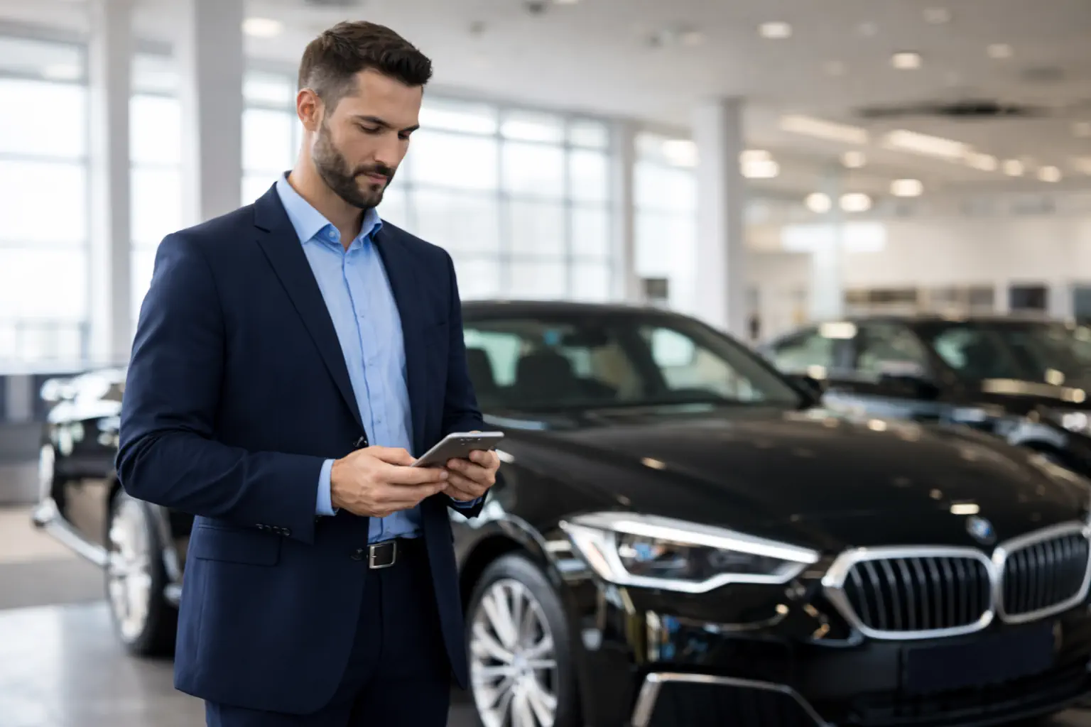 Client consultant des véhicules haut de gamme dans un showroom automobile