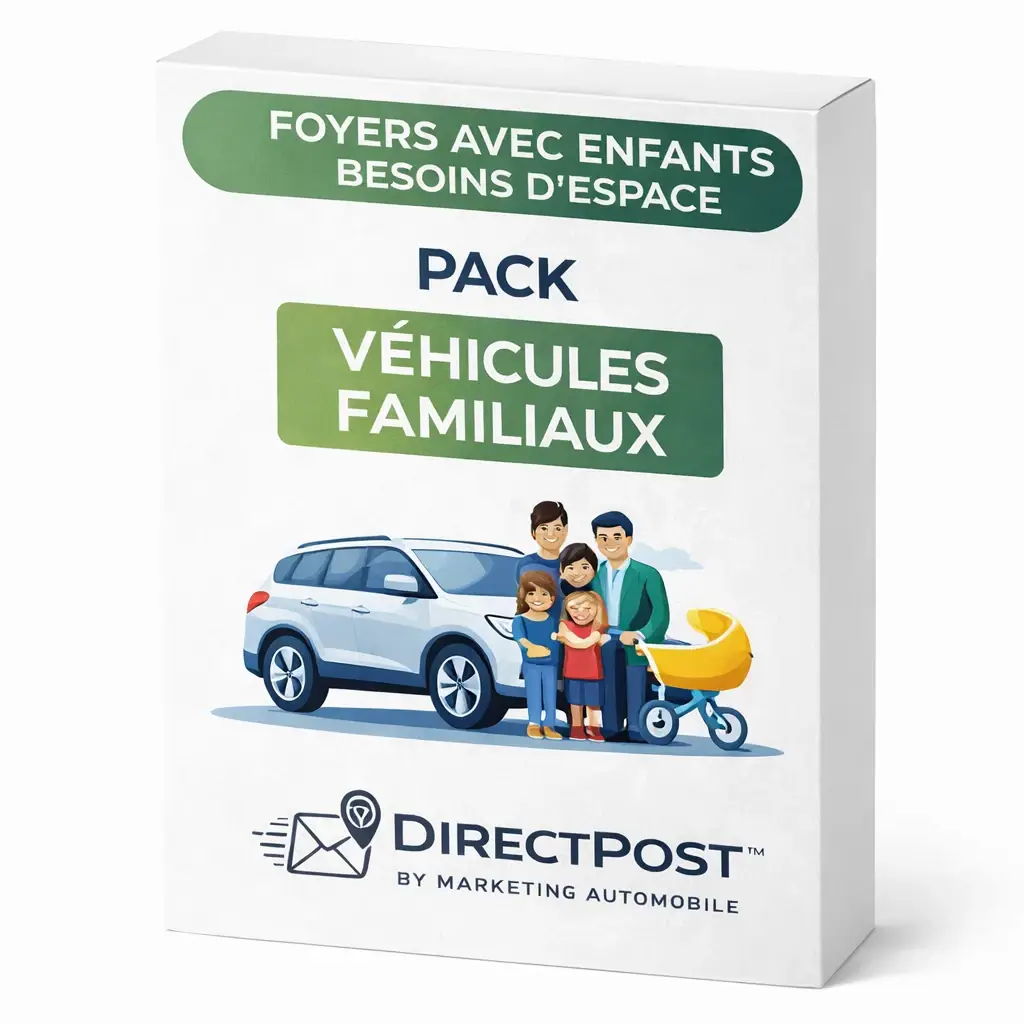 Pack marketing automobile ciblant les foyers avec enfants et les familles recherchant des véhicules spacieux de type SUV, monospace ou break pour les campagnes commerciales des concessions automobiles.