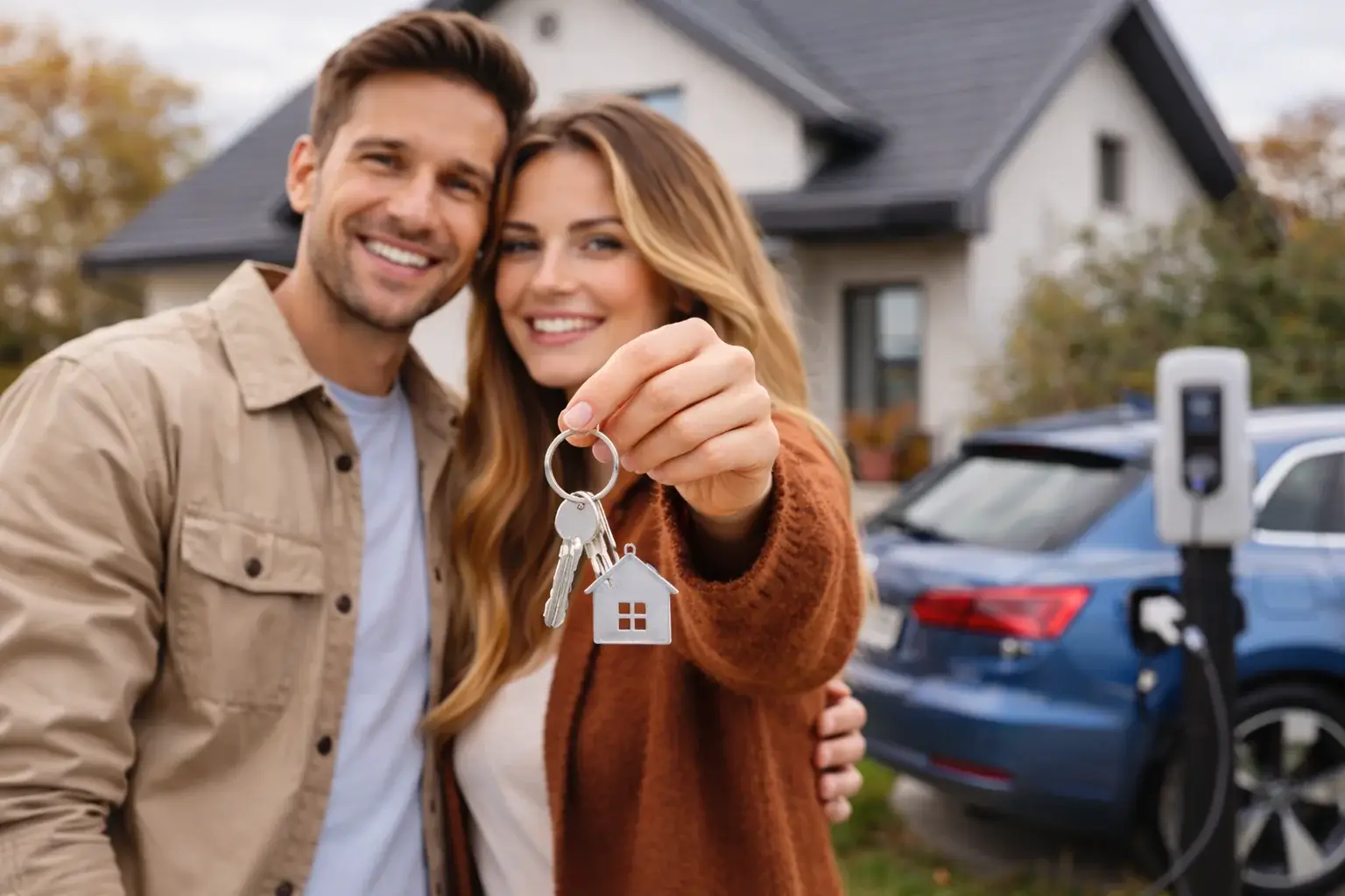 Couple de propriétaires immobiliers devant leur maison tenant des clés illustrant une base de données prospects propriétaires immobiliers