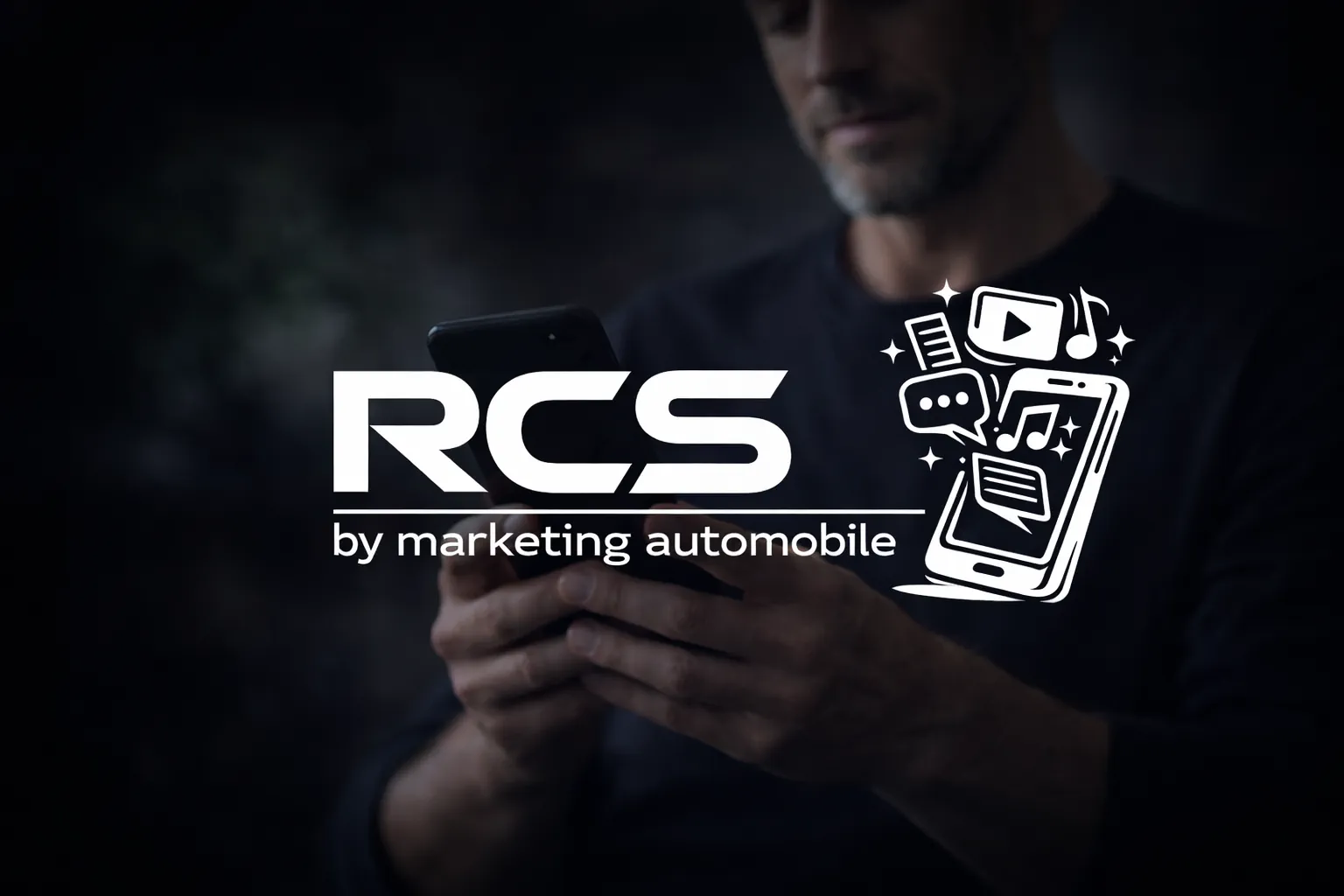 Personne consultant un smartphone en arrière-plan avec logo RCS blanc au premier plan