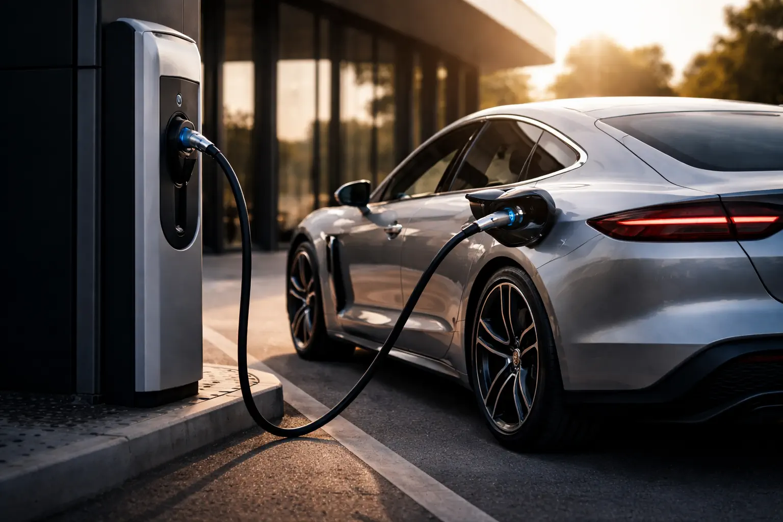 Voiture électrique en train de se recharger sur une borne de recharge publique