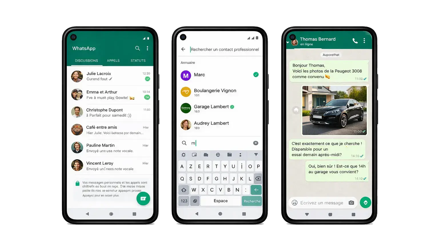 Interface WhatsApp Business sur smartphones illustrant le marketing conversationnel pour engager des prospects automobiles et générer des leads.